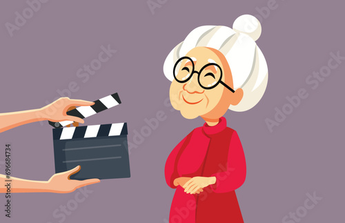 Elderly Actress Starring in a Korean Drama Vector Cartoon Illustration. Cheerful acting woman feeling happy emotions in a motion picture role
