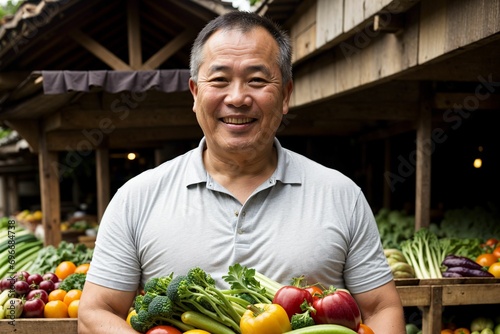 a middle aged asian man who loves vegan diet of eating fruits and vegetables lowering blood sugar and cholesterol promoting healthy life © Portrait Studio