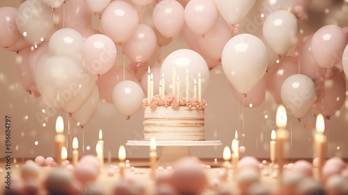 Exquisite Birthday Elegance in Pearl White. Beautiful Happy Birthday Background with Cake and Candles. 3D Mockup Style.