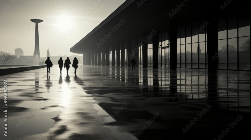 Silhouetted Figures Walking in Modern Architecture Corridor at Sunset