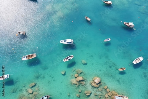 Aerial view of fishing boats in the sea. Top view, Boats from the air, Aerial view of the sea in Turkey, Summer seascape with clear water on a sunny day, AI Generated
