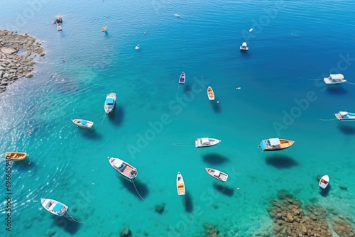 Aerial view of boats in the turquoise waters of the Adriatic Sea in Croatia, Boats from the air, Aerial view of the sea in Turkey, Summer seascape with clear water on a sunny day, AI Generated