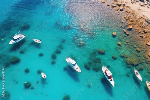 Aerial view of boats in the turquoise water of Adriatic Sea, Boats from the air, Aerial view of the sea in Turkey, Summer seascape with clear water on a sunny day, AI Generated