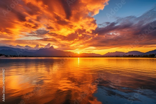 Sunset on the lake with mountains in the background, New Zealand, Bright sunset over Lake Geneva, Switzerland, with golden clouds reflecting in the water, AI Generated