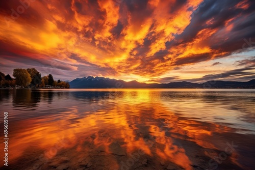 Sunset on Lake Geneva, Switzerland. Long exposure. Beautiful natural landscape, Bright sunset over Lake Geneva, Switzerland, with golden clouds reflecting in the water, AI Generated