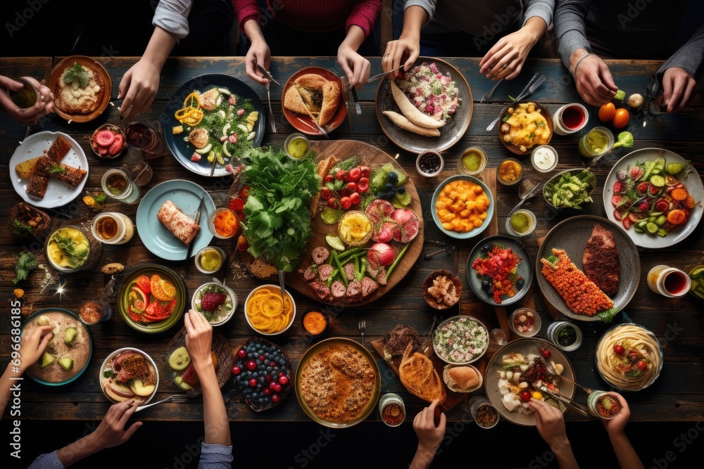 Top view of group of friends sitting at wooden table and eating healthy food, Brunch choice crowd dining food options eating concept, top view, AI Generated - obrazy, fototapety, plakaty 