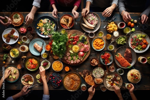 Top view of group of friends sitting at wooden table and eating healthy food, Brunch choice crowd dining food options eating concept, top view, AI Generated