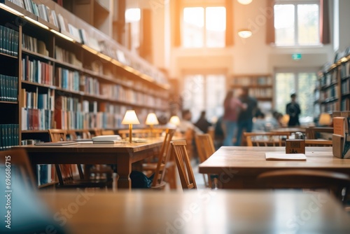 Library interior with bookshelves  tables and chairs. Selective focus  Blurry college library  Bookshelves and a classroom in blurry focus  AI Generated