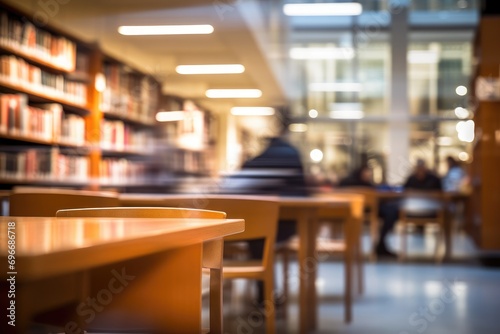 Blurred image of library with bookshelf and people in background, Blurry college library, Bookshelves and a classroom in blurry focus, AI Generated