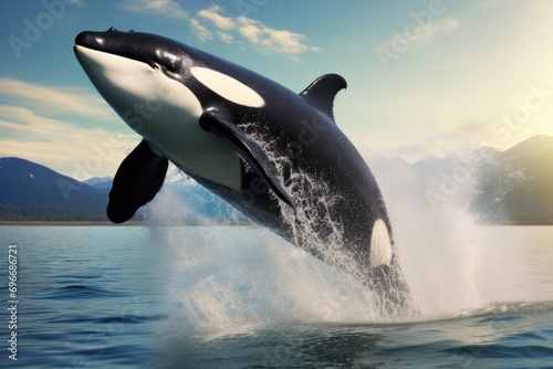 Orca killer whale jumping out of the water. 3d rendering, Big orca whale jumping out of the sea, AI Generated © Ifti Digital