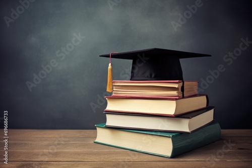 Graduation cap on stack of books on wooden table over blackboard background, Book stack with a graduation hat on top of the books with lots of empty space, AI Generated