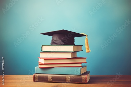 Graduation cap and stack of books on wooden table over blue background, Book stack with a graduation hat on top of the books with lots of empty space, AI Generated photo