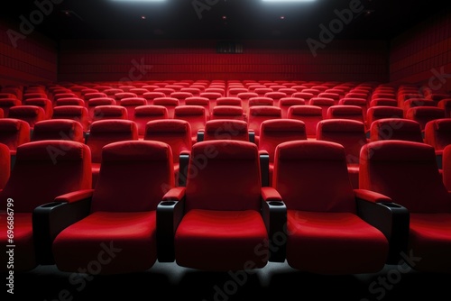 Empty cinema auditorium with rows of red seats. 3d render, Bright empty red seats in cinema rows, AI Generated