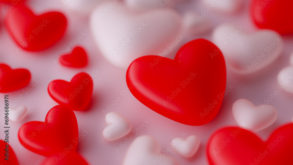 White and red heart shapes pattern background, 3d rendering