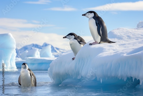 Gentoo penguins and chick on ice floe in Antarctica  Chinstrap penguins  Pygoscelis antarctica  on an iceberg off the South Shetland Islands  AI Generated