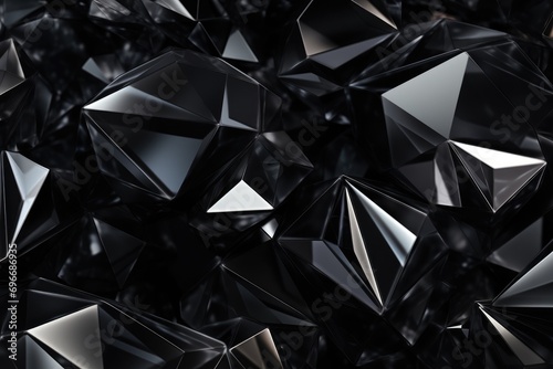 Abstract 3d rendering of chaotic polygonal shapes. Futuristic background with low poly shape, Black and gray background with crystals and triangles in a 3D illustration, AI Generated