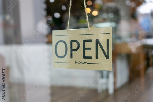 open on the first day of business. guarantees safety, cleanliness, open the coffee shop. open for New normal. Small business, welcome, restaurant, home made photo