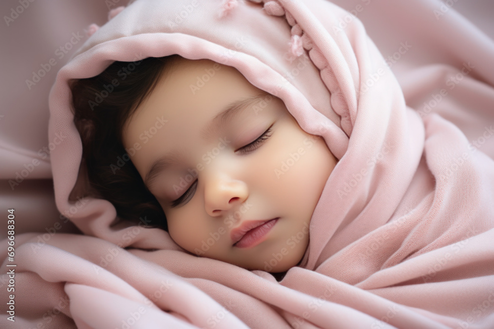 A baby sleeps wrapped in a pink ruffled blanket A baby sleeps wrapped in a pink ruffled blanket