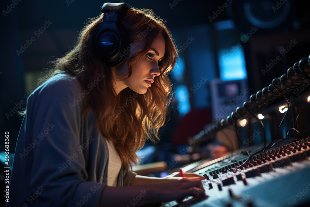 A woman works behind a professional mixing board in a recording studio A woman works behind a professional mixing board in a recording studio