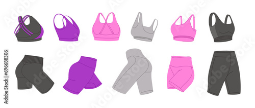 Female fitness clothing vector set. Bras and cycling shorts. Woman's sports clothes flat design. Isolated illustrations on a white background. Ideal for design sports content, stickers and print.
