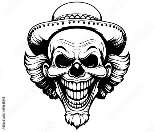 portrait of a skeleton clown laughing on a white background, vector