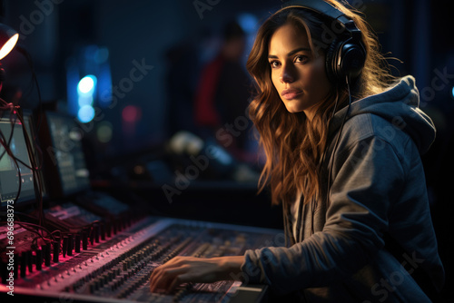 A woman works behind a professional mixing board in a recording studio