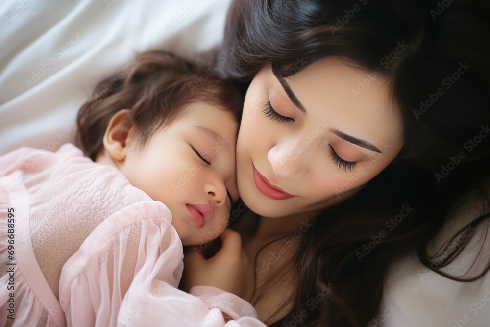 A beautiful young Mother kissing a healthy baby sleeping in bed A beautiful young Mother kissing a healthy baby sleeping in bed