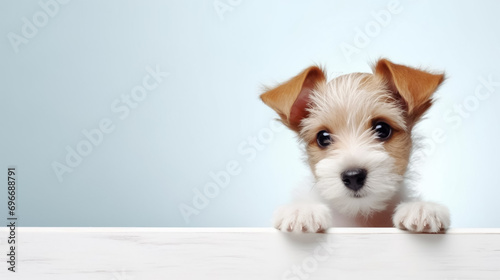 Cute little Yorkshire terrier puppy peeking over blue background with copy space. Mockup. Veterinary medicine. Generative AI