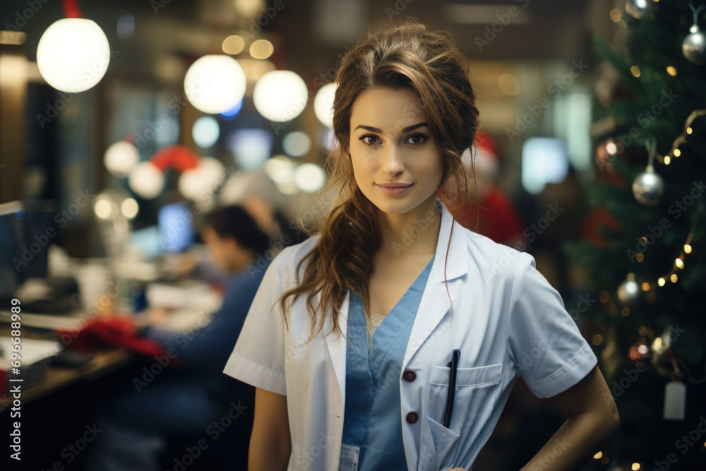 Female doctor happy working on Christmas night shift looking at camera Female doctor happy working on Christmas night shift looking at camera