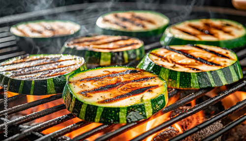 Close-up shot of grilled zucchini sizzling on the grill photo
