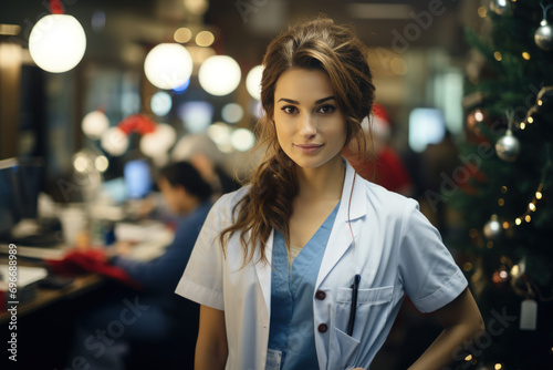 Female doctor happy working on Christmas night shift looking at camera