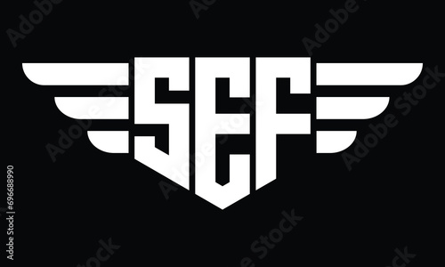 SEF three letter logo, creative wings shape logo design vector template. letter mark, wordmark, monogram symbol on black & white.	 photo