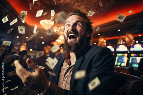 Lucky man wins big jackpot from gambling in casino with luck concept photo