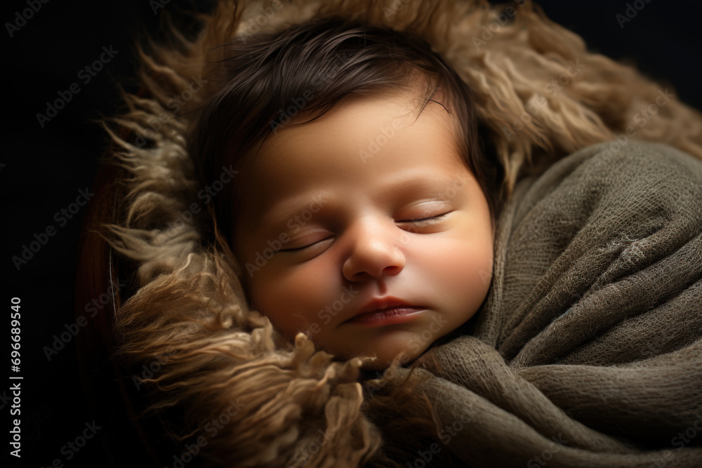 Face of Newborn Baby sleeping over Fluffy. Cute New Born Kid relax. Face of Newborn Baby sleeping over Fluffy. Cute New Born Kid relax.
