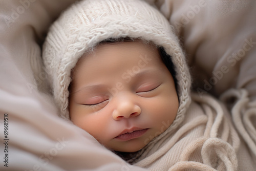 Face of Newborn Baby sleeping over Fluffy. Cute New Born Kid relax.