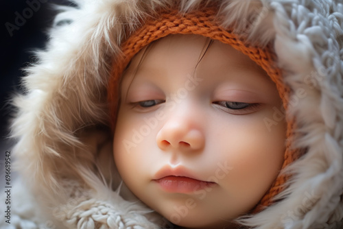 Face of Newborn Baby sleeping over Fluffy. Cute New Born Kid relax.