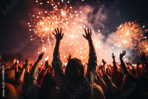 People raised their hands to express their joy in celebrating the New Year. 2024 In the background are fireworks
