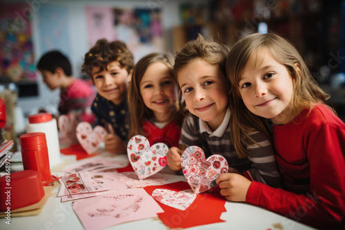 School kids happy making DIY Valentine's cards in classroom look at camera