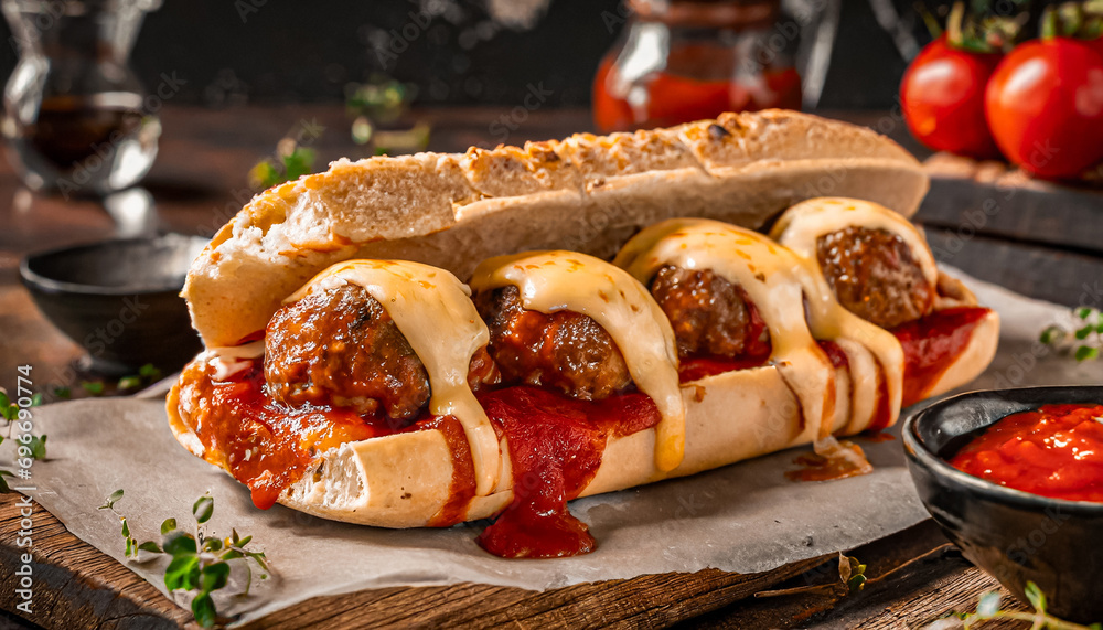 close-up shot of meatball sub sandwich with melted cheese and marinara tomato sauce - obrazy, fototapety, plakaty 