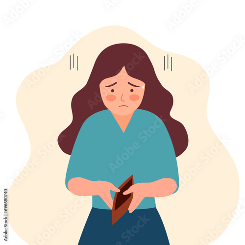 Unhappy sad poor woman holding open empty wallet with no pocket money. Financial recession or jobless person. No budget.