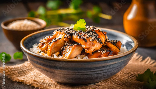 close-up view, bowl of Chicken sesame with rice