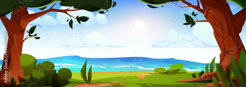 Summer park on sea coast. Vector cartoon illustration of stormy waves on water, green lawn in shadow of old trees, sun shining bright, fluffy clouds and birds flying in blue sky, beautiful scenery