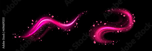 Set of pink swirls with flower petals isolated on black background. Vector realistic illustration of neon light waves with sakura blossom, magic sparkling particles, perfume aroma trail, love in air