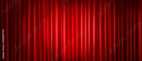 Closed red theater stage curtain with round spotlight. Realistic vector background of opera show or movie ceremony drapery on scene. Cinema or announcement concept with waved fabric with light.