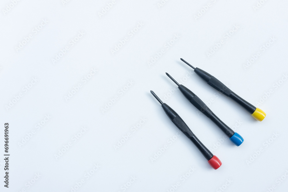 Phillips screw driver set on white background, top view, copy space Phillips screw driver set on white background, top view, copy space