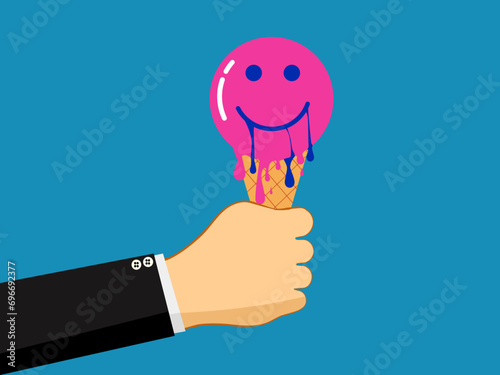 Hand holding ice cream with a melting smiley face icon. Happiness melts away. Vector photo