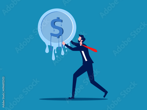 Financial recession. Businessman holds melting coins. vector illustration