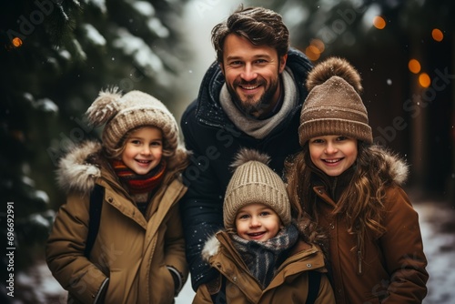 Cheerful father and his cute little daughters at Christmas fair. Happy Caucasian family preparing to celebrate New Year holidays. Winter holidays and people concept.