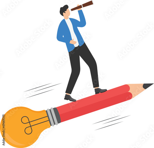 Creativity to create a new idea, imagination or invention, inspiration, education or genius idea, writing content or boosting creative thinking concept, man riding pencil rocket.


