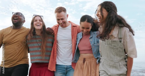 Walking, nature and friends laughing together outdoor for travel, freedom or carefree fun in summer. Sky, diversity and funny with group of young gen z people hugging for holiday, support or social photo